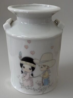Vintage Precious Moments 1988 Enesco 4” Milk Can Cowboy & Indian Girl Mini Vase